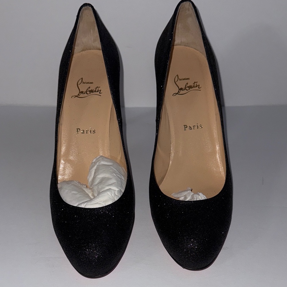 Christian Louboutin Black Glitter Effect Heels w/Signature Red Soles
